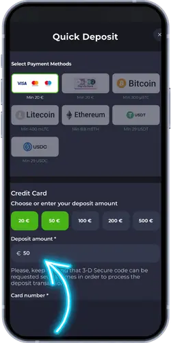 JeetCity Casino quick deposit page showing payment methods including Visa, Bitcoin, Litecoin, Ethereum and USDT