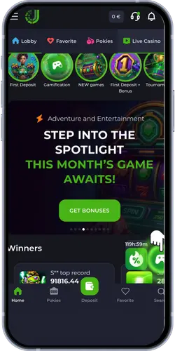 JeetCity Casino homepage with game lobby, winners section and Get Bonuses banner